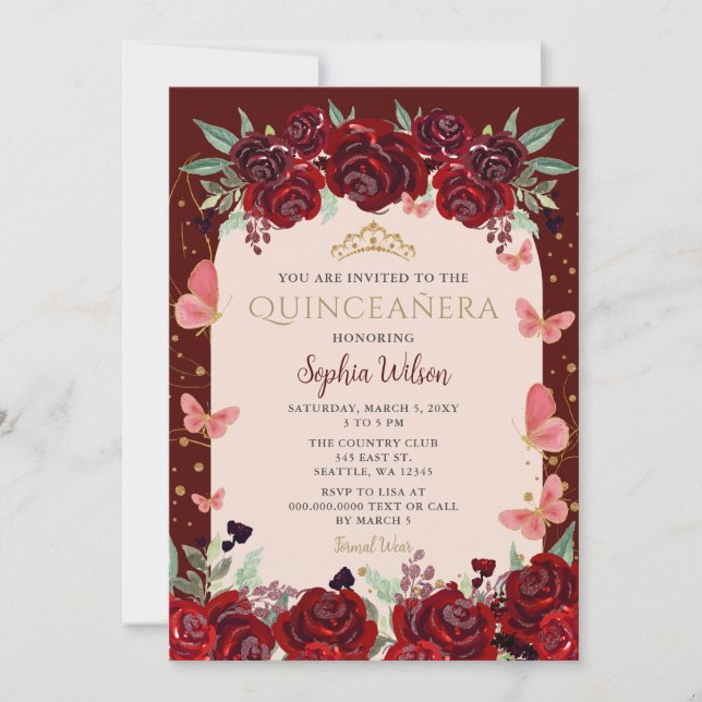 Burgundy Gold Floral Butterfly Quinceañera Quince Invitation (Front)