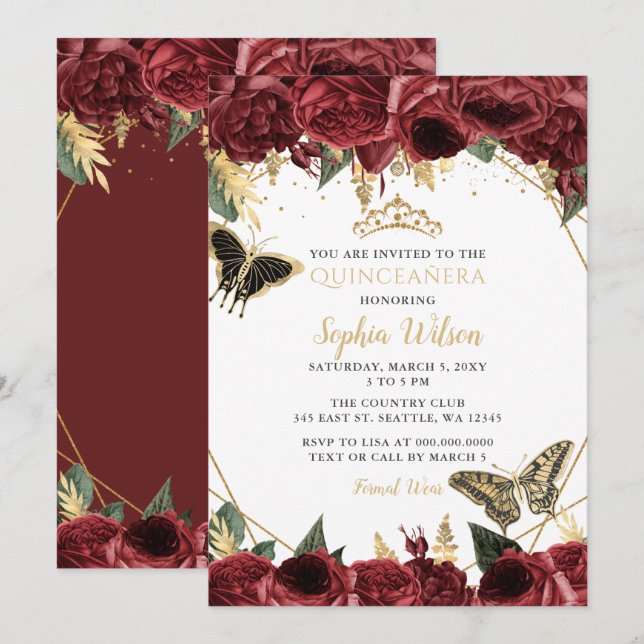 Burgundy Gold Floral Butterfly Quinceañera Quince  Invitation (Front/Back)