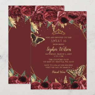 Burgundy Gold Floral Butterfly Sweet 16 Invitation
