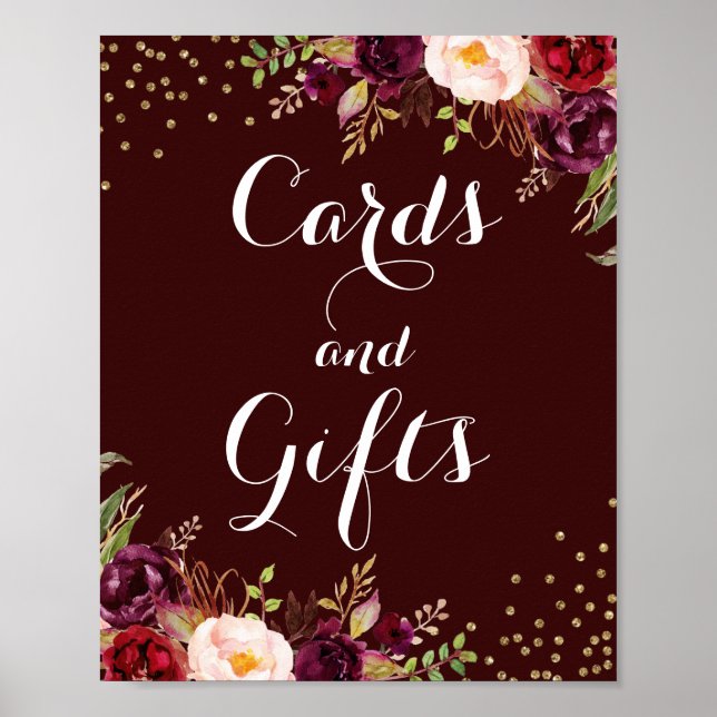 Burgundy Gold Floral Cards And Gifts Wedding Poster (Front)
