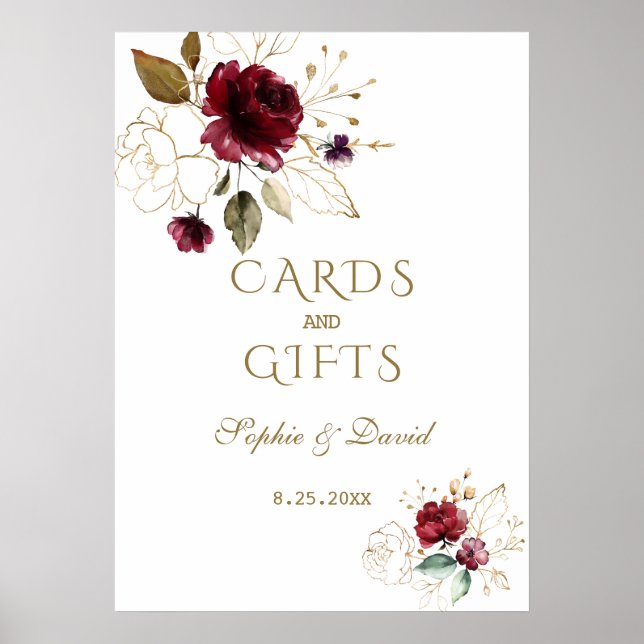 Burgundy Gold Floral Cards & Gifts Wedding Poster (Front)