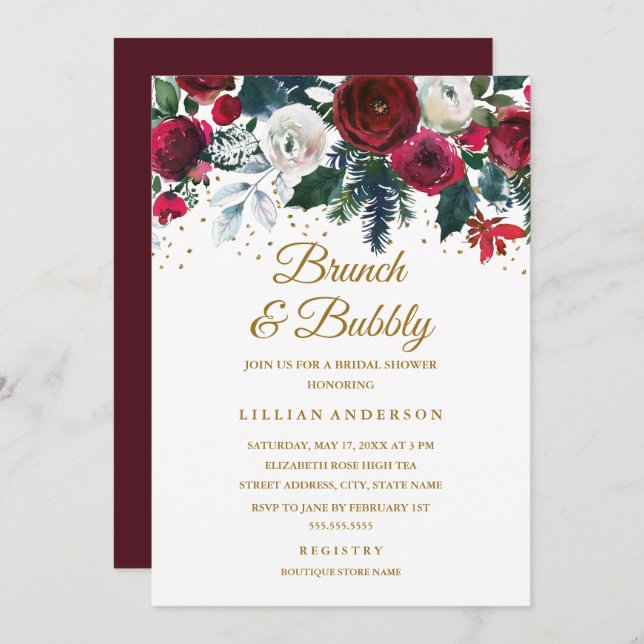Burgundy Gold Floral Christmas Brunch And Bubbly Invitation (Front/Back)
