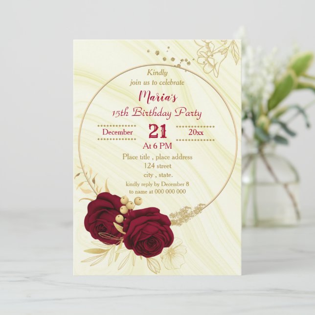 burgundy gold floral circle marble birthday party invitation (Standing Front)