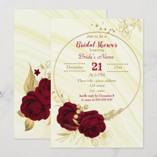 burgundy gold floral circle marble bridal shower invitation