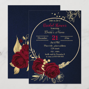 burgundy gold floral circle navy bridal shower invitation