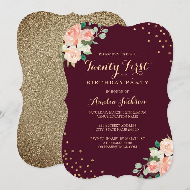 Burgundy Gold Floral Confetti 21st Birthday Party Invitation (Front/Back)