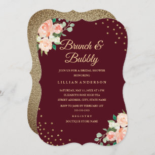 Burgundy Gold Floral Confetti Brunch and Bubbly Invitation