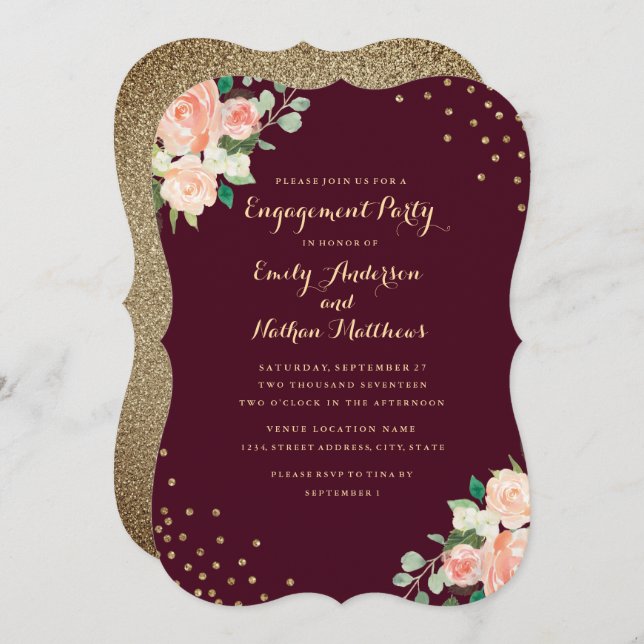 Burgundy Gold Floral Confetti Engagement Party Invitation (Front/Back)
