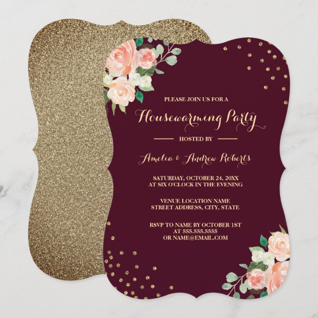 Burgundy Gold Floral Confetti Housewarming Party Invitation (Front/Back)