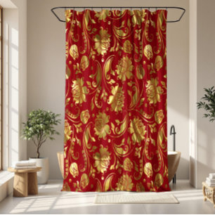 Burgundy & Gold Floral Damasks Pattern Shower Curtain