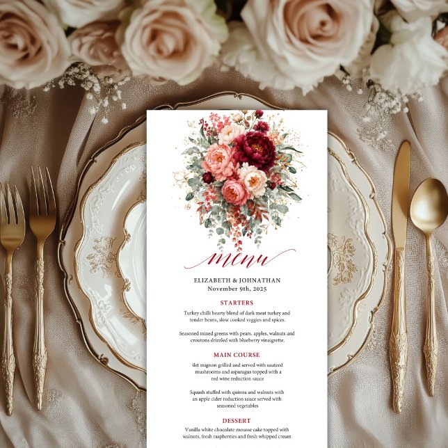 Burgundy Gold Floral Deep Red Boho Theme wedding  Menu (Burgundy Gold Floral Deep Red Boho Theme wedding menu

)