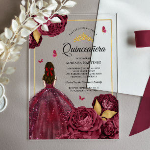 Burgundy Gold Floral Dress Butterfly Quinceanera Acrylic Invitations