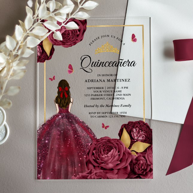 Burgundy Gold Floral Dress Butterfly Quinceanera Acrylic Invitations (Creator Uploaded)