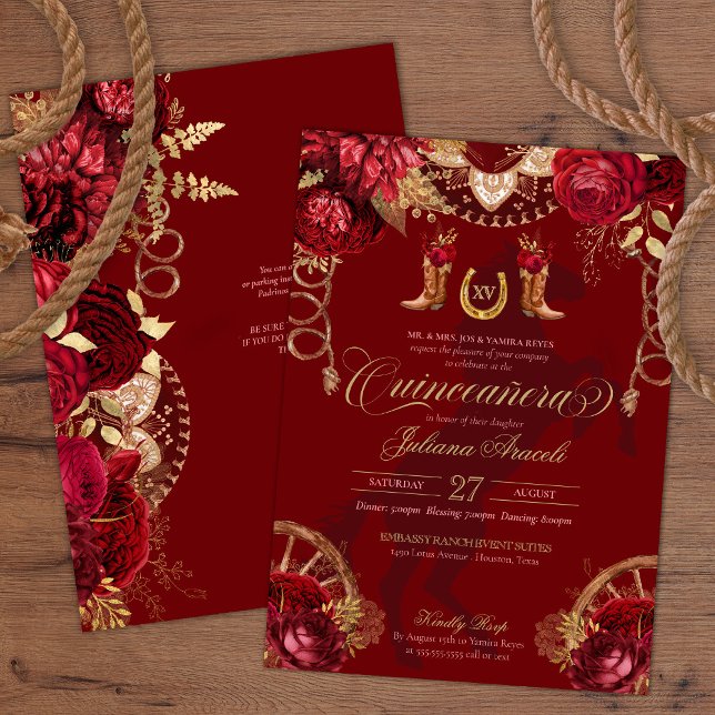 Burgundy & Gold Floral Elegant Charro Quinceanera  Invitation (Creator Uploaded)