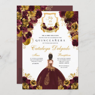 Burgundy & Gold Floral Elegant Quinceañera Invitation