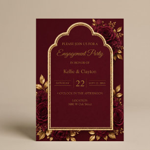 Burgundy & Gold Floral Engagment Party Invitation