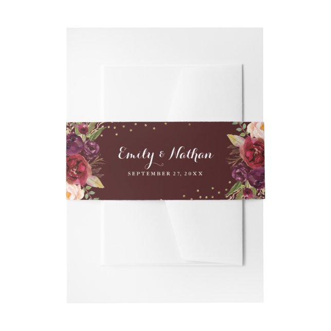 Burgundy Gold Floral Fall Wedding Belly Band Invitation Belly Band (Front Example)