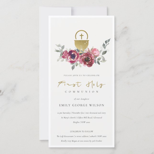 BURGUNDY GOLD FLORAL FIRST HOLY COMMUNION INVITE (Front)