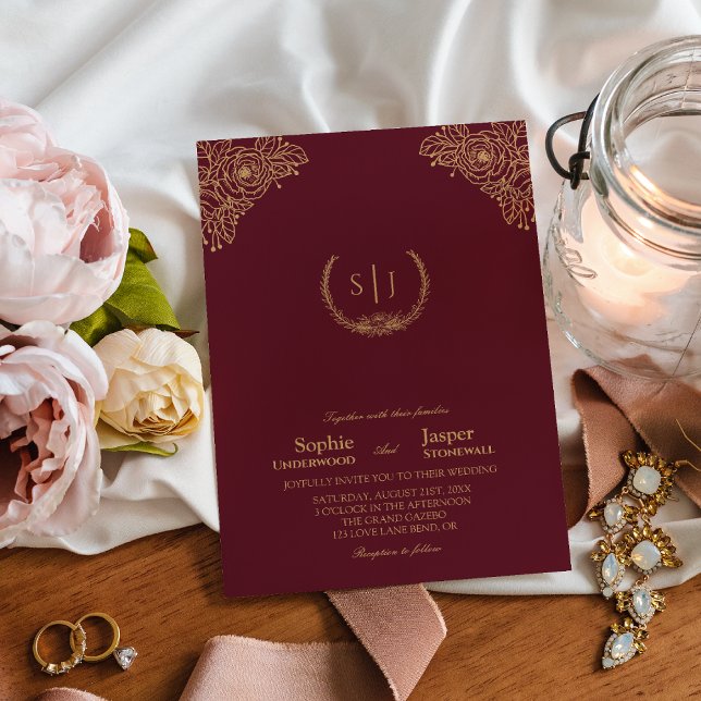 Burgundy Gold Floral Formal Monogram Wedding Invitation (Creator Uploaded)