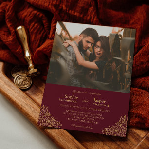 Burgundy Gold Floral Formal Photo Wedding Invitation