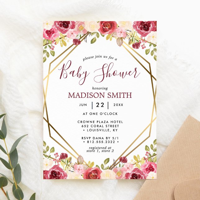Burgundy Gold Floral Geometric Baby Shower Invitation (Creator Uploaded)