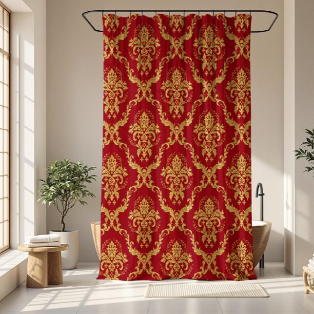 Burgundy & Gold Floral Geometric Damasks Shower Curtain (Creator Uploaded)