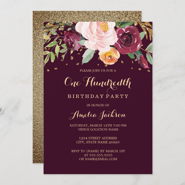 Burgundy Gold Floral Glitter 100th Birthday Party Invitation (Front/Back)