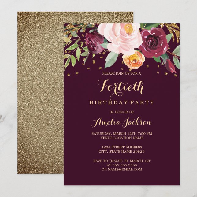 Burgundy Gold Floral Glitter 40th Birthday Party Invitation (Front/Back)