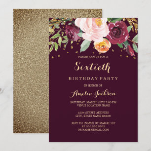 Burgundy Gold Floral Glitter 60th Birthday Party Invitation