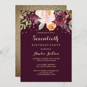 Burgundy Gold Floral Glitter 70th Birthday Party Invitation