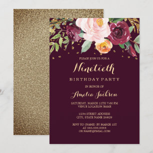 Burgundy Gold Floral Glitter 90th Birthday Party Invitation