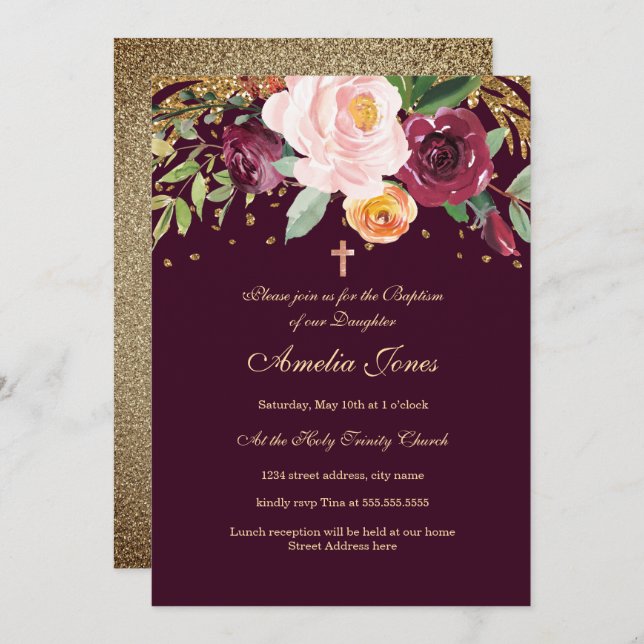 Burgundy Gold Floral Glitter Baptism Invitation (Front/Back)