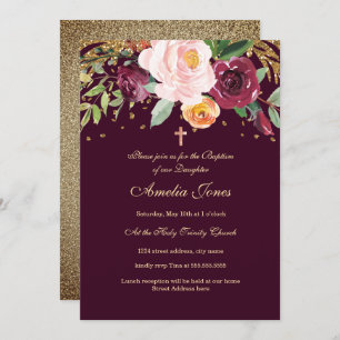 Burgundy Gold Floral Glitter Baptism Invitation