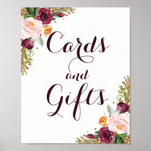 Burgundy Gold Floral Glitter Cards And Gifts Poster