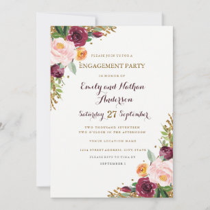 Burgundy Gold Floral Glitter Engagement Party Card