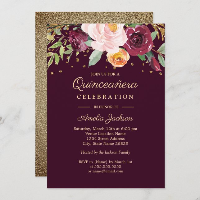 Burgundy Gold Floral Glitter Quinceanera Invitation (Front/Back)