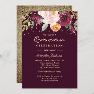 Burgundy Gold Floral Glitter Quinceanera Invitation