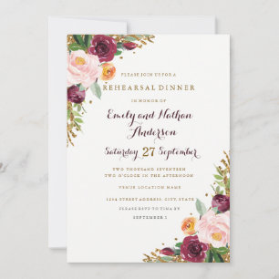 Burgundy Gold Floral Glitter Rehearsal Dinner Card