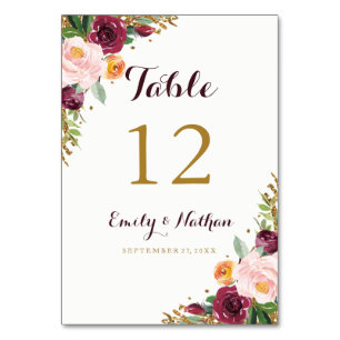 Burgundy Gold Floral Glitter Table Number Cards