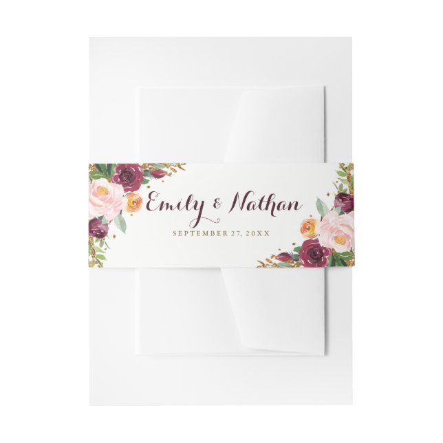 Burgundy Gold Floral Glitter Wedding Belly Band Invitation Belly Band (Front Example)