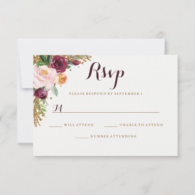 Burgundy Gold Floral Glitter Wedding RSVP Card (Front)