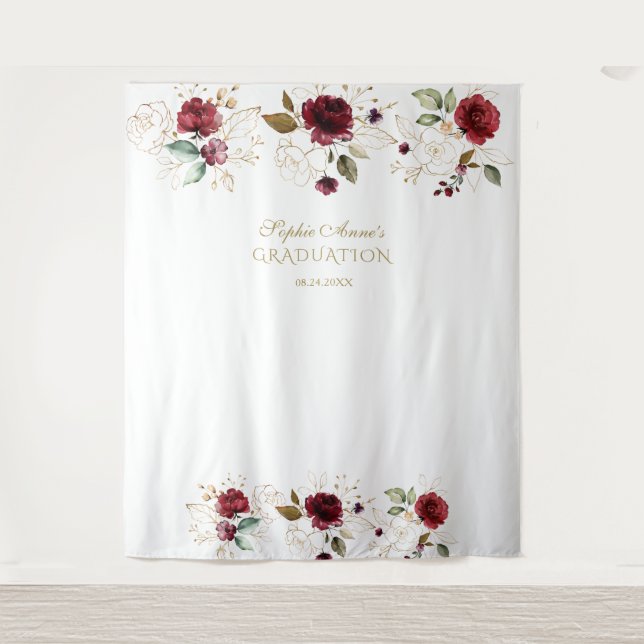 Burgundy Gold Floral Graduation Photo Booth Prop Tapestry (Front)