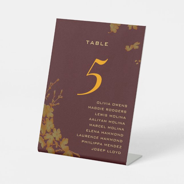 Burgundy & Gold Floral Guest Names Table Number Pedestal Sign (Front)