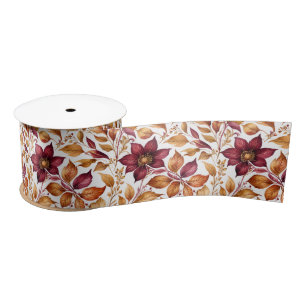 Burgundy & Gold Floral Leaf Pattern Satin Ribbon