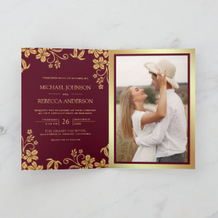 Burgundy Gold Floral Leaves QR Code Wedding Invitation