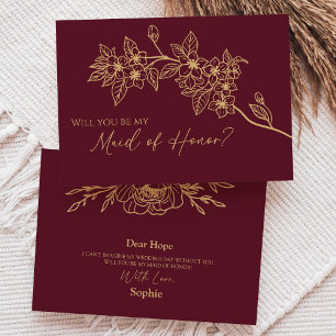 Burgundy Gold Floral Maid Of Honour Proposal Card