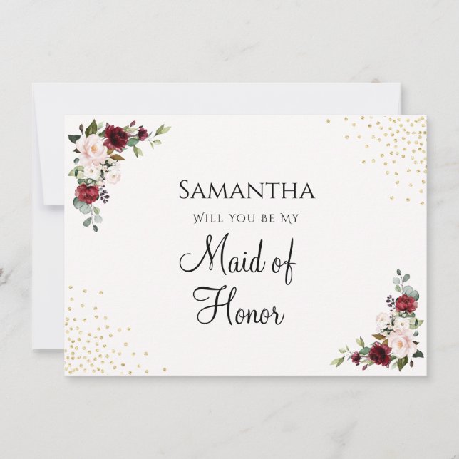 Burgundy Gold Floral Maid of Honour Proposal Card (Front)