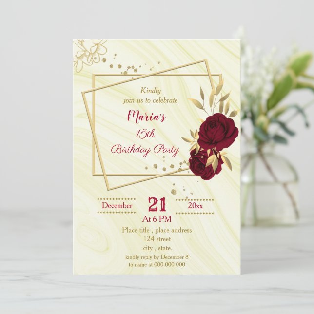 burgundy gold floral marble birthday party invitation (Standing Front)