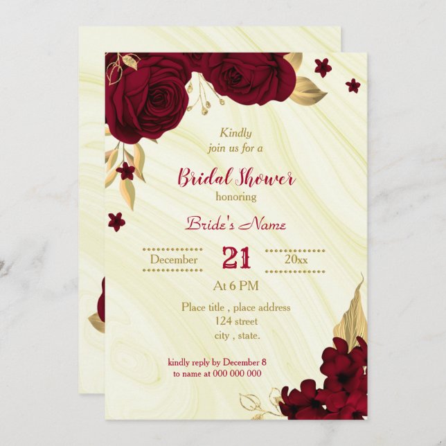 burgundy gold floral marble bridal shower  invitation (Front/Back)