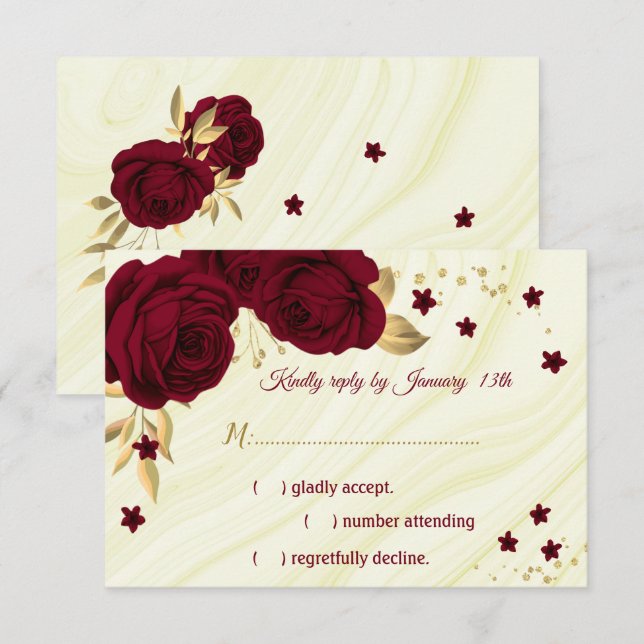 burgundy gold floral marble RSVP card (Front/Back)